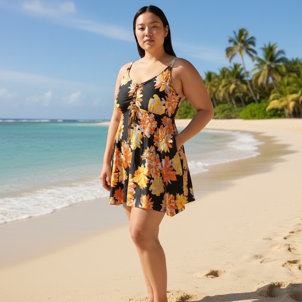 Daci 16W Floral Swim Dress Tankini Top Skirt Swimsuit Black Orange Yellow Purple